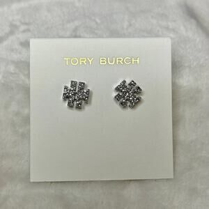 NEW Stunning Tory Burch T-Logo Crystal Pave Stud Earrings Shiny SILVER
